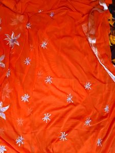 Orange Floral Embroidered Saree