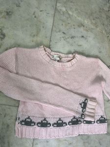 Pink Cropped Sweater with Cute Pattern
