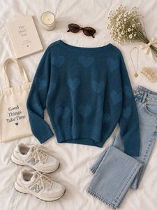 Teal Heart Print Knit Sweater