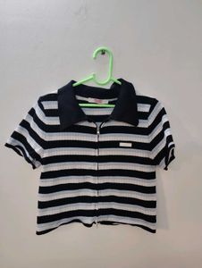 Y2K Striped Zip-Up Polo Shirt✨
