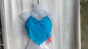 I. Blue Halter Neck Cropped Top