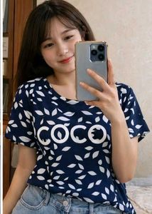 Cute Navy Blue 'COCO' Leaf Print T-Shirt