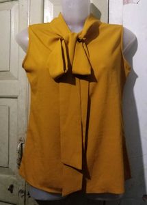 Elegant Mustard Yellow Sleeveless Bow Blouse