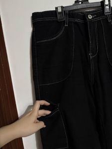 Black Wide Leg Cargo Jeans | Contrast Stitching
