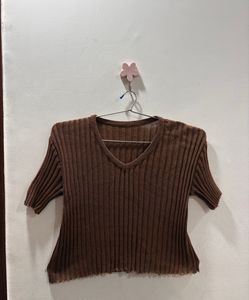 Brown Ribbed  Knit Top | Too stretchable