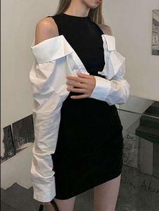 Chic Black Ruched Dress with White Shirt Overlay