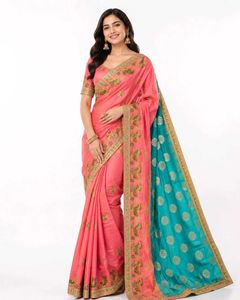 Beautiful Pink & Teal Saree with Embroidery