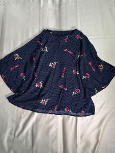 Navy Blue Floral Print Bell Sleeve Top
