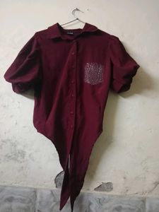 Burgundy Tie-Front Top with Sequin Pocket