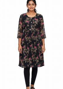Floral Print Pleated Kurta with Belt