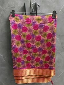 Floral Print Saree with Golden Border