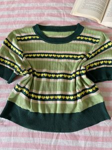 Cute Green Striped Heart Crop Top