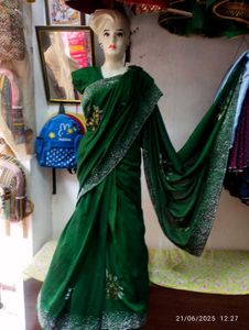 Green  Saree Silver Sargoski Border