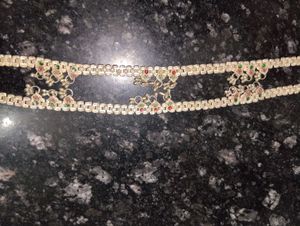 Elegant Silver Anklets with Red &amp; Green Stones