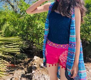 Magenta boho shorts with mirror work