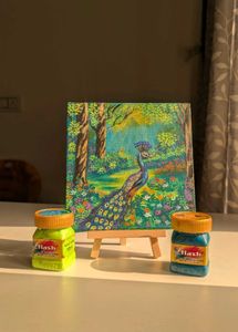 Mini peacock Landscape painting with wooden stand