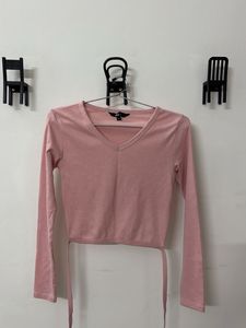 Pink V-Neck Long Sleeve Crop Top