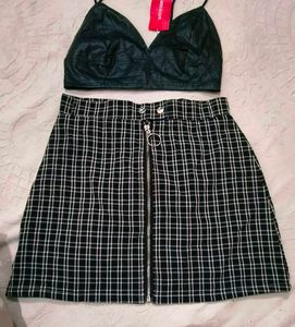 Checkered Mini Skirt with leather top set