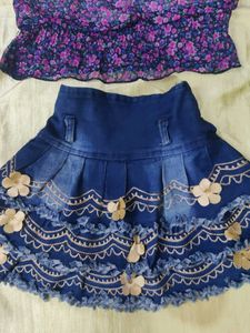 Floral Crop Top &amp; Denim Skirt Set