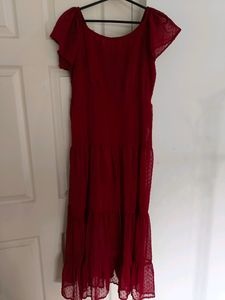 Elegant Red Swiss Dot Midi Dress