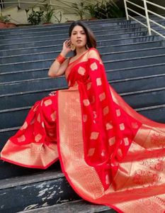 BANARASI SILK Red Saree with Gold Border😍🥰🤩