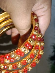 Red &amp; Gold Bangle Set with Peacock Kada