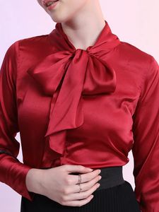 Elegant Red Satin Bow Blouse