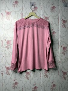 Elegant Pink Lace Trim Long Sleeve Blouse