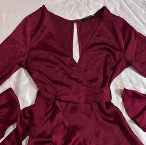 Shein Wine Satin Ruffle Wrap Party Dress