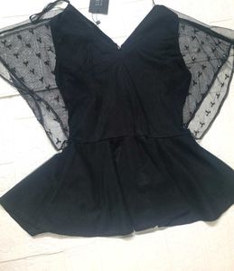 Chic Black Embellished Sheer Top
