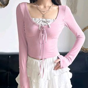 Pink Solid Ribbed Crop Top