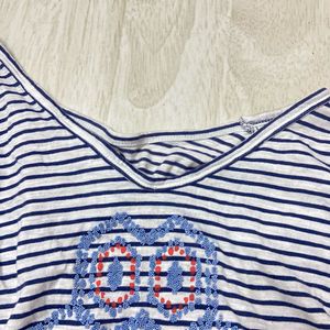 Striped off shoulder Long Sleeve Top with Embroide