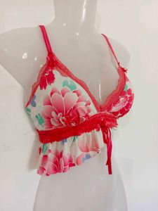 Floral Print Bra with Lace Trim