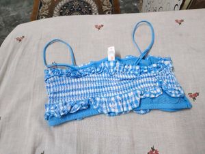 Blue Gingham Smocked Crop Top