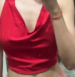 red halterneck tieup top
