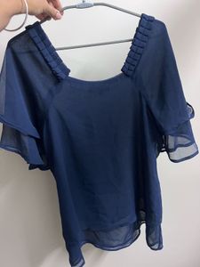 Chic Navy Blue Ruffle Neck Sheer Top