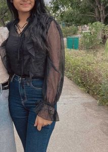 Sheer Black Ruffled Neck Blouse