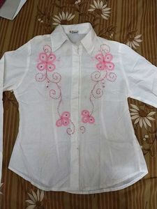 White Button-Up Blouse with Pink Embellishments