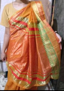 Vibrant Orange Saree with Green Border