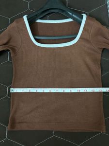 Brown Ribbed Square Neck Top