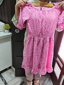 Pink Polka Dot Off-Shoulder Dress