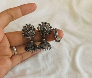 Oxidized Silver Jhumka Earrings & Ring