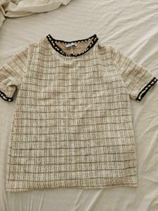 Zara Chic Pearl Trim Tweed Top