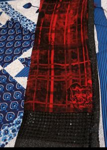 Red &amp; Black Plaid Saree with Embellished Border