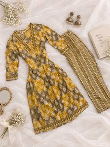 Mustard Yellow & Grey Block-Printed Kurti Set