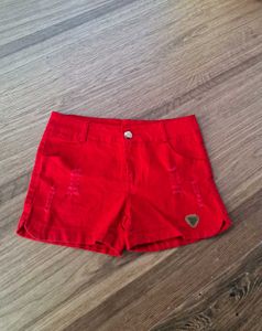 Vibrant Red Distressed Denim Shorts