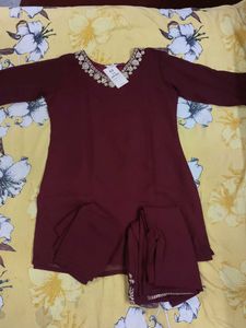 Maroon Kurta Set with Embellished Neckline