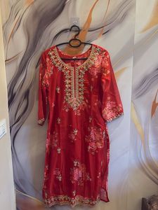 Red Floral Kurta with Embellishments