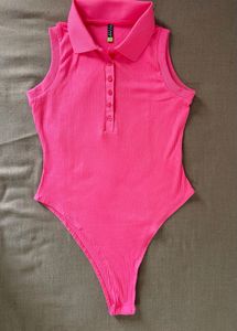 Hot Pink Ribbed Polo Bodysuit