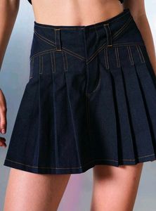 Dark Wash Pleated Denim Mini Skirt